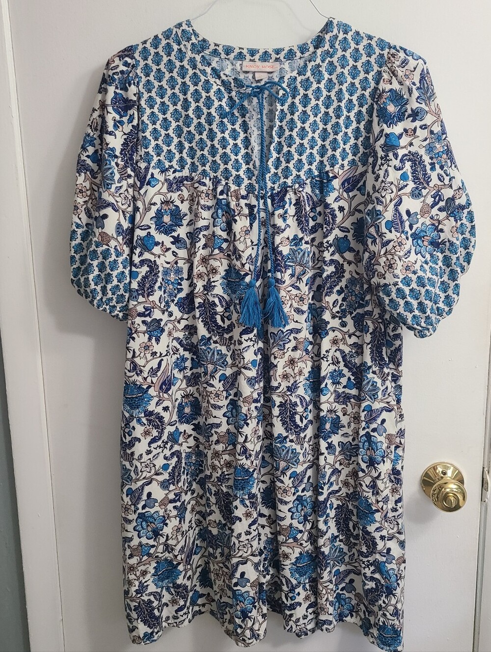 Knox Rose Women's Trendy Relaxed Boho Cotton Comfy  Blue Floral Print Dress Sz L